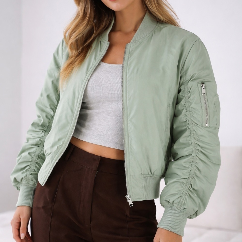 Urban Outfitters BDG Charlie Barrel Sleeve Sage Green Bomber Jacket L NWT